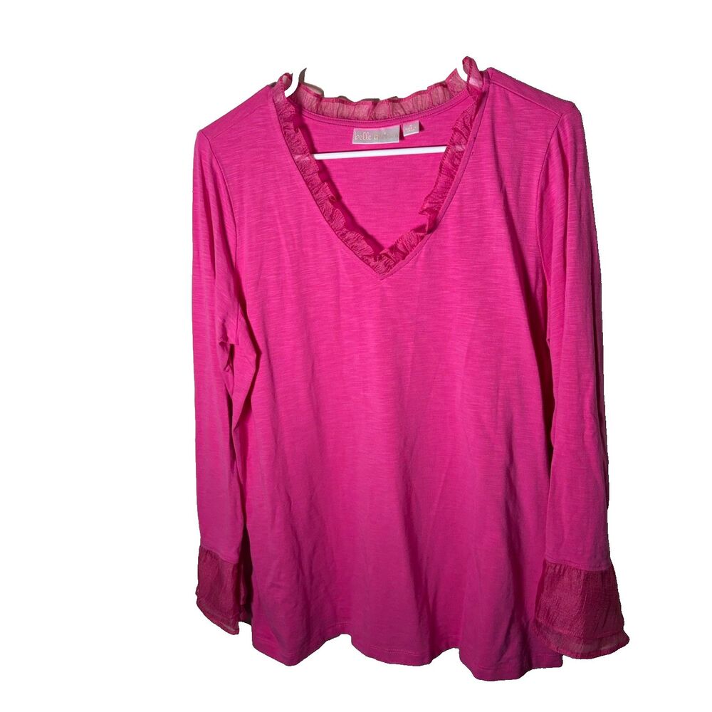 Belle Kim Gravel Blouse Women's Medium Pink Ruffle V-Neck Long Sleeve Top
